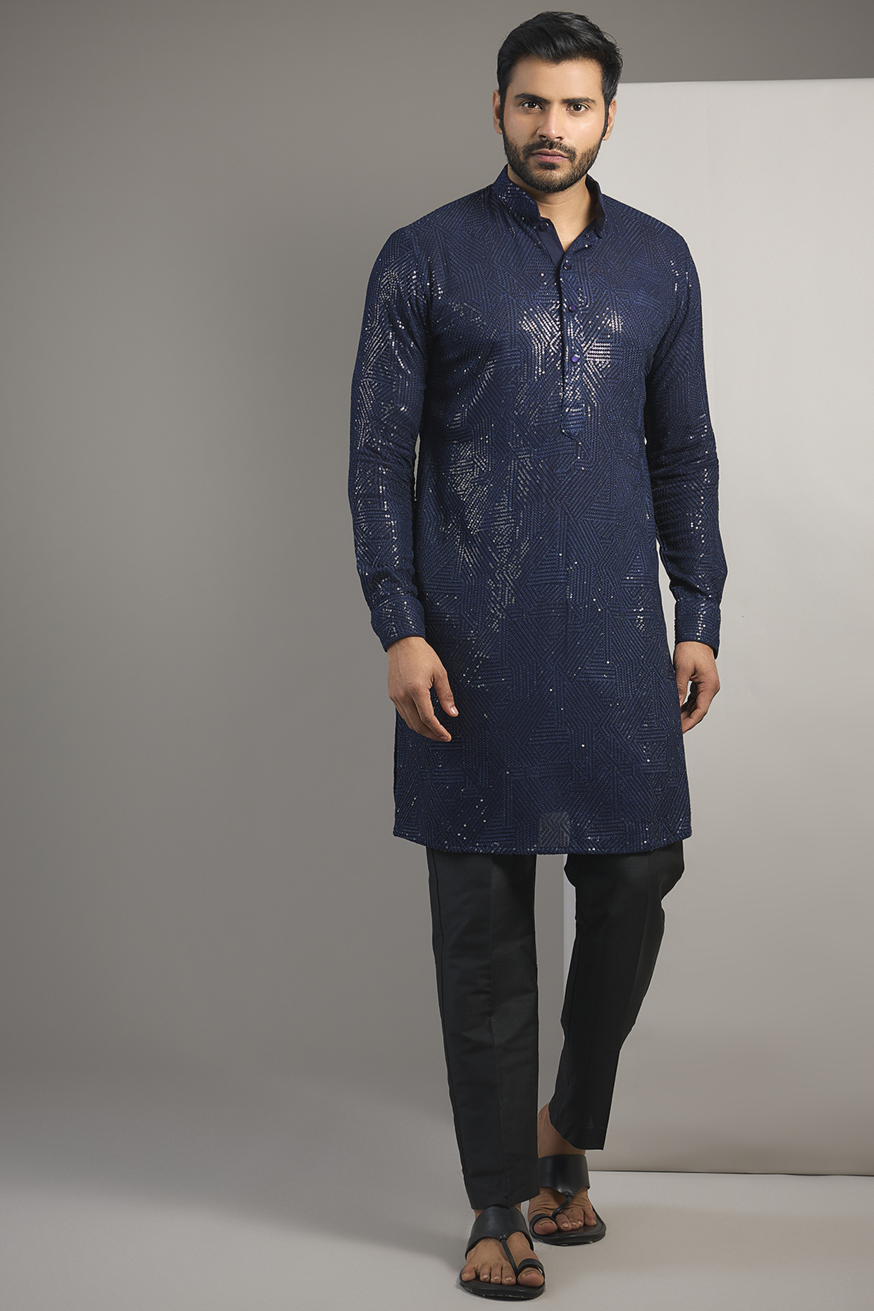 Navy Georgette Sequin & Jaal Embroidered Kurta by Rabani & Rakha Men
