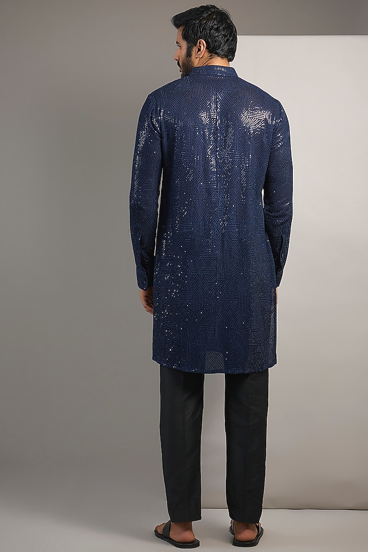 Navy Georgette Sequin & Jaal Embroidered Kurta by Rabani & Rakha Men at Pernia's Pop Up Shop
