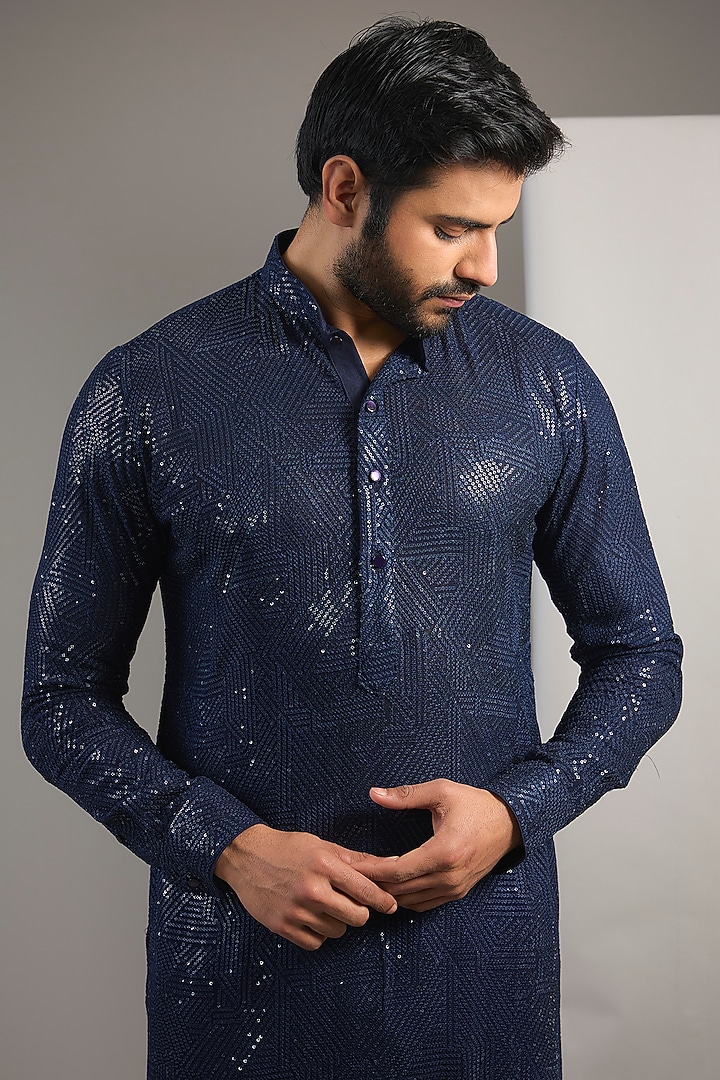 Navy Georgette Sequin & Jaal Embroidered Kurta by Rabani & Rakha Men at Pernia's Pop Up Shop