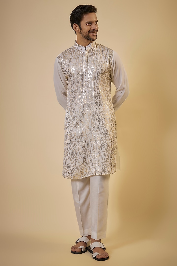 Ivory Georgette Sequins Embroidered Kurta Set by Rabani & Rakha Men