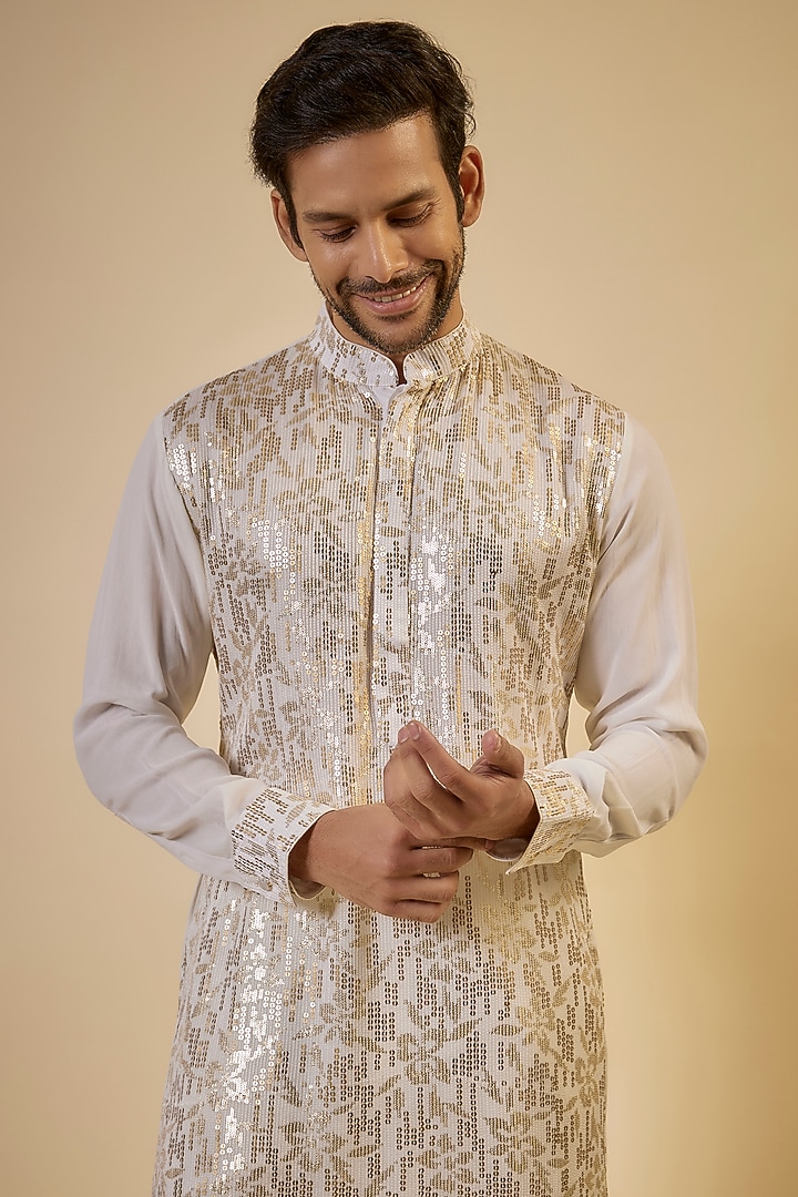 Ivory Georgette Sequins Embroidered Kurta Set by Rabani & Rakha Men at Pernia's Pop Up Shop