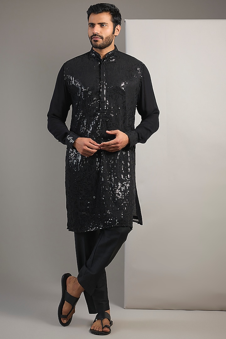 Black Georgette Jaal Embroidered Kurta Set by Rabani & Rakha Men at Pernia's Pop Up Shop