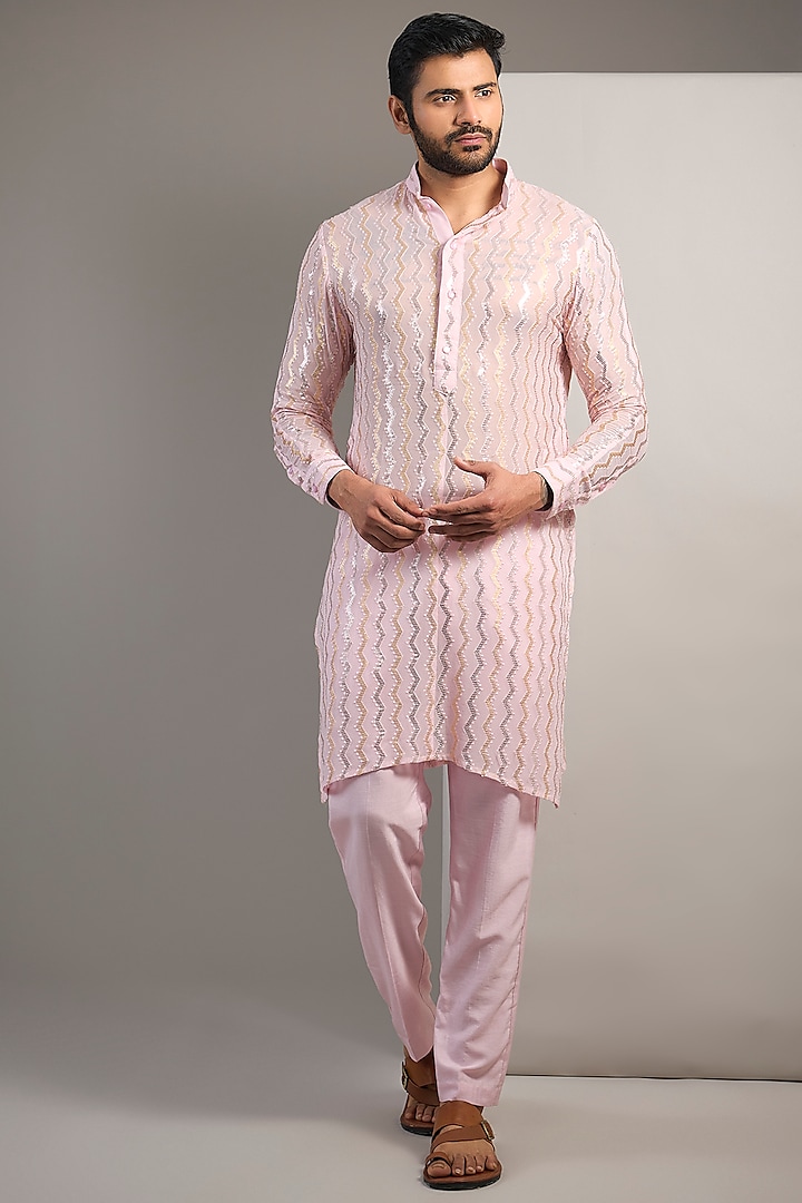 Blush Pink Georgette Sequin Embroidered Kurta Set by Rabani & Rakha Men at Pernia's Pop Up Shop