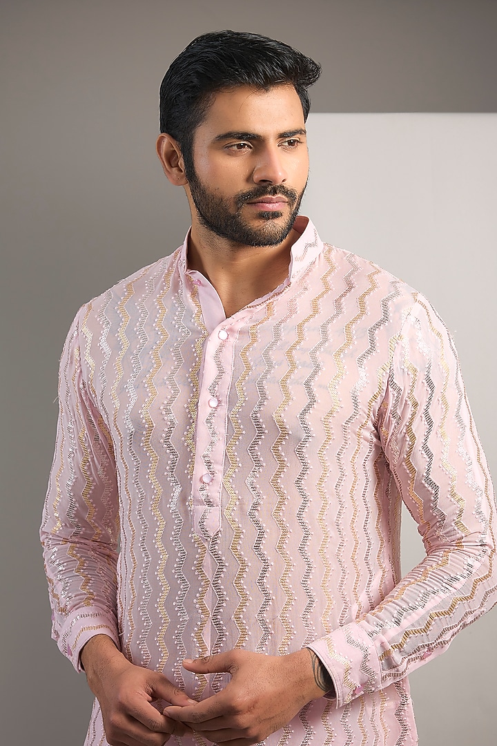 Blush Pink Georgette Sequin Embroidered Kurta Set by Rabani & Rakha Men at Pernia's Pop Up Shop