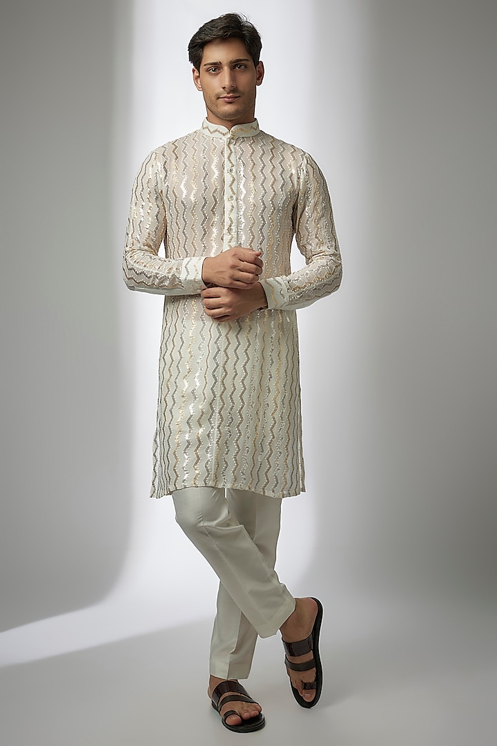 Ivory Georgette Sequin Work Kurta Set by Rabani & Rakha Men