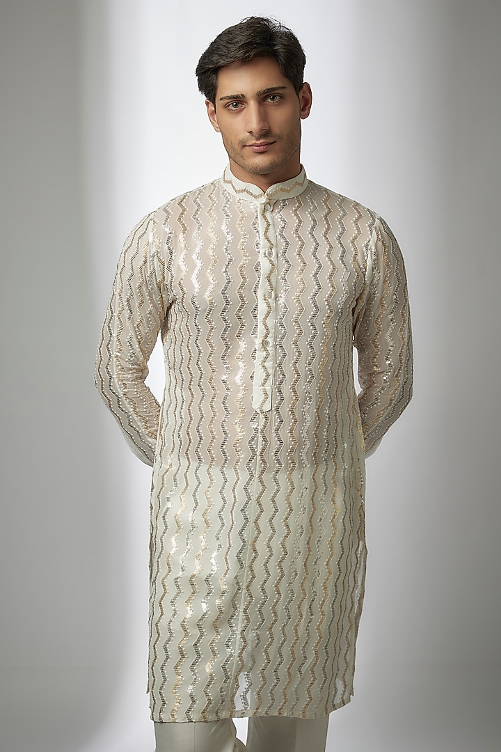 Ivory Georgette Sequin Work Kurta Set by Rabani & Rakha Men at Pernia's Pop Up Shop