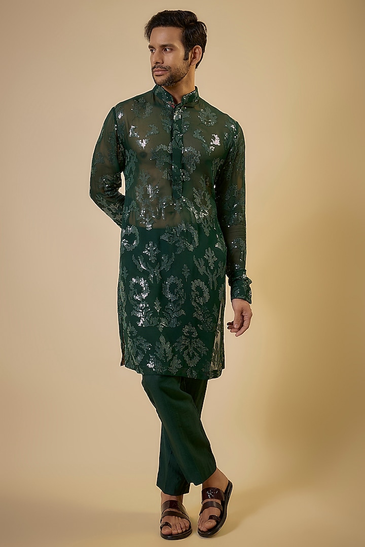 Bottle Green Georgette Thread & Sequins Embroidered Kurta Set by Rabani & Rakha Men