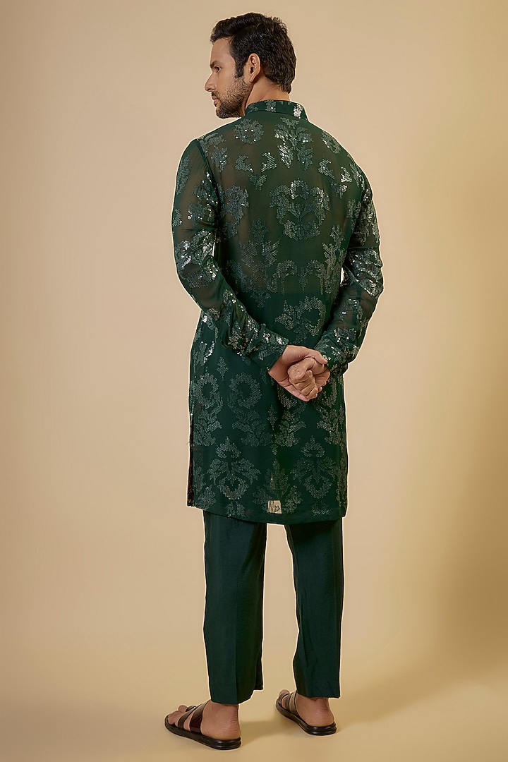 Bottle Green Georgette Thread & Sequins Embroidered Kurta Set by Rabani & Rakha Men at Pernia's Pop Up Shop