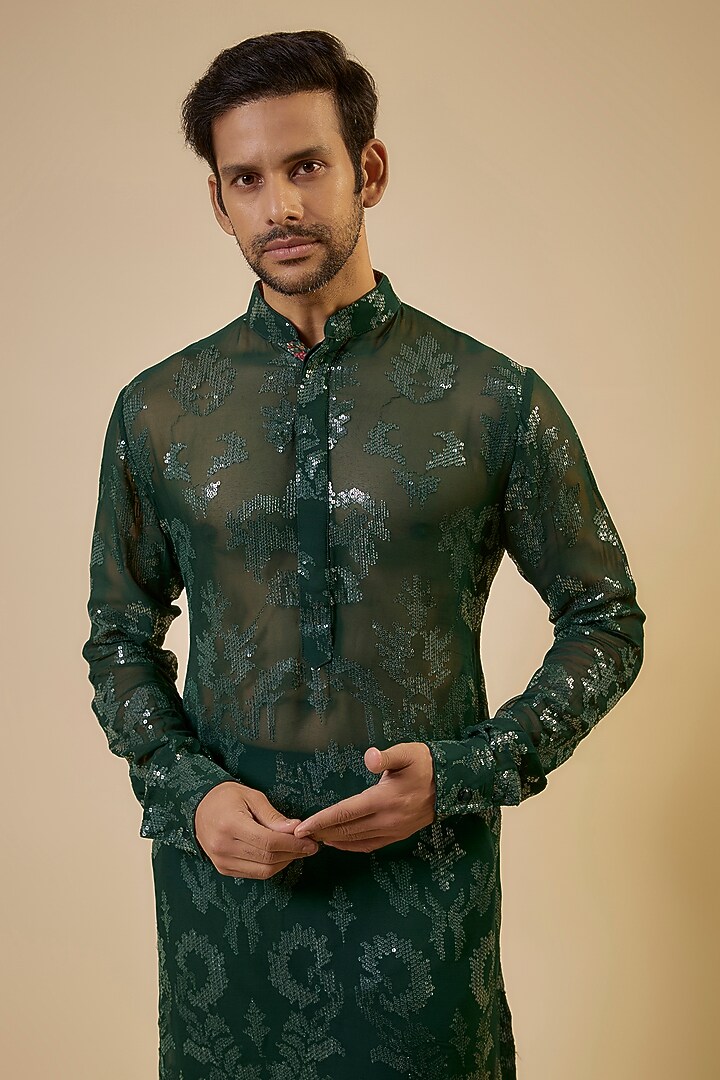 Bottle Green Georgette Thread & Sequins Embroidered Kurta Set by Rabani & Rakha Men at Pernia's Pop Up Shop