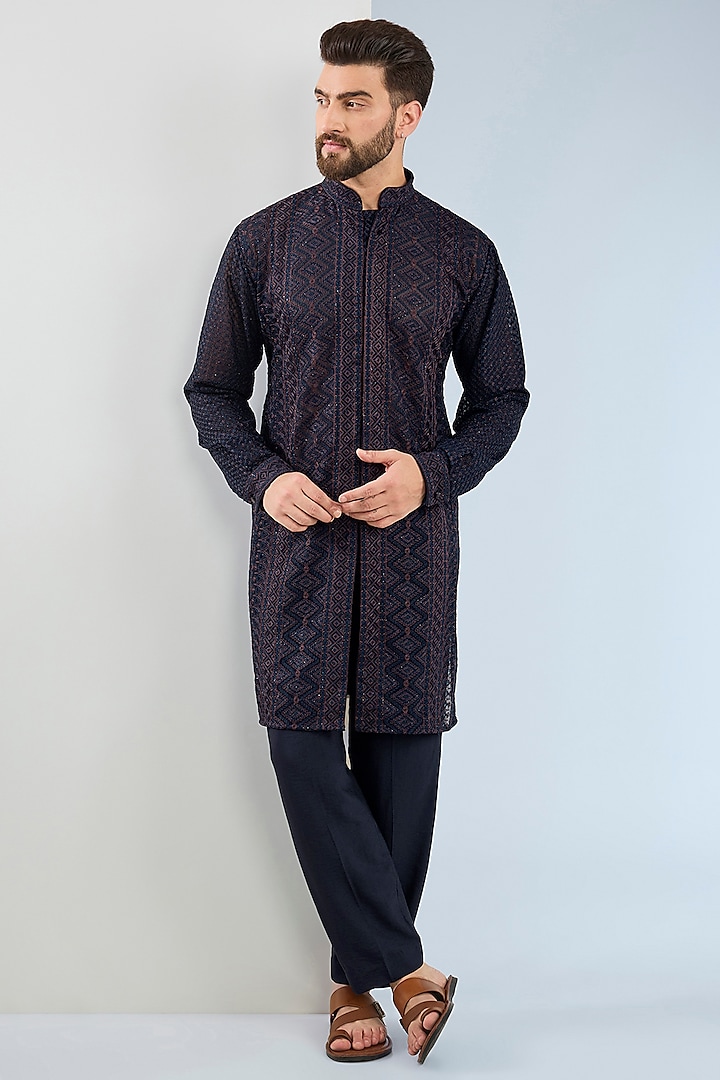 Navy Blue Georgette Thread Embroidered Kurta Set by Rabani & Rakha Men