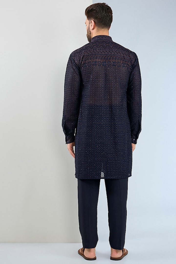 Dark Blue Georgette Sequin Work Kurta Set by Rabani & Rakha Men at Pernia's Pop Up Shop