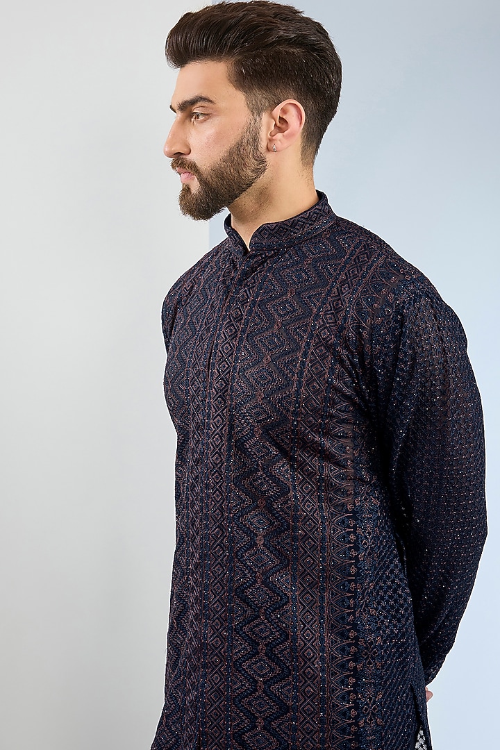 Dark Blue Georgette Sequin Work Kurta Set by Rabani & Rakha Men at Pernia's Pop Up Shop