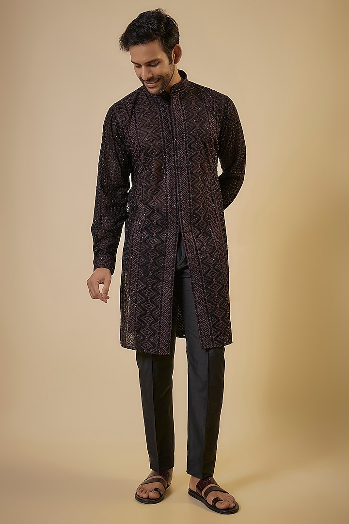 Black Georgette Thread Embroidered Kurta Set by Rabani & Rakha Men