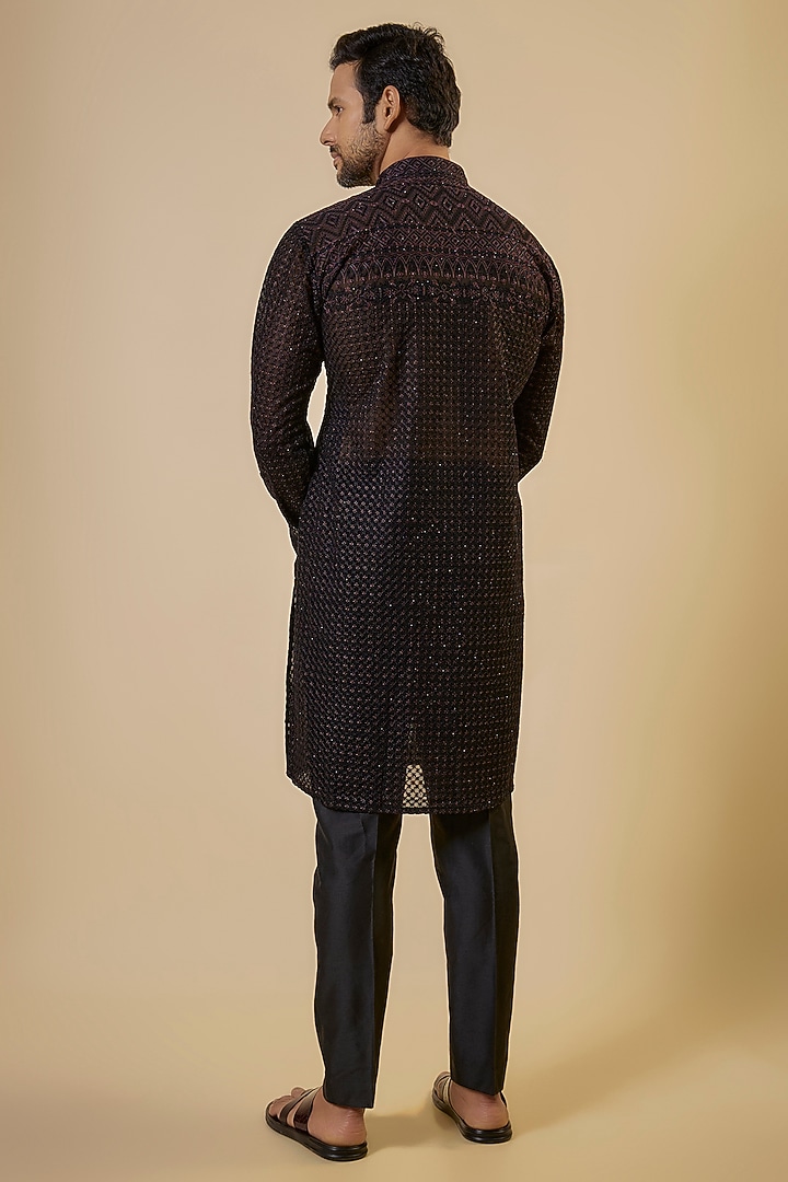 Black Georgette Thread Embroidered Kurta Set by Rabani & Rakha Men at Pernia's Pop Up Shop