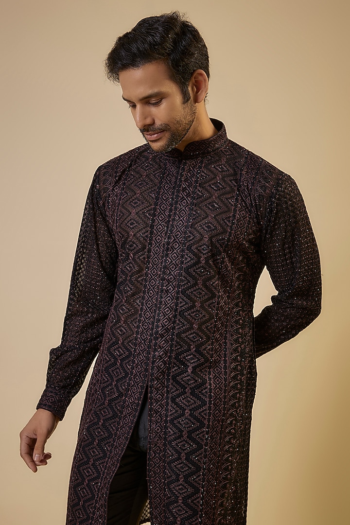 Black Georgette Thread Embroidered Kurta Set by Rabani & Rakha Men at Pernia's Pop Up Shop