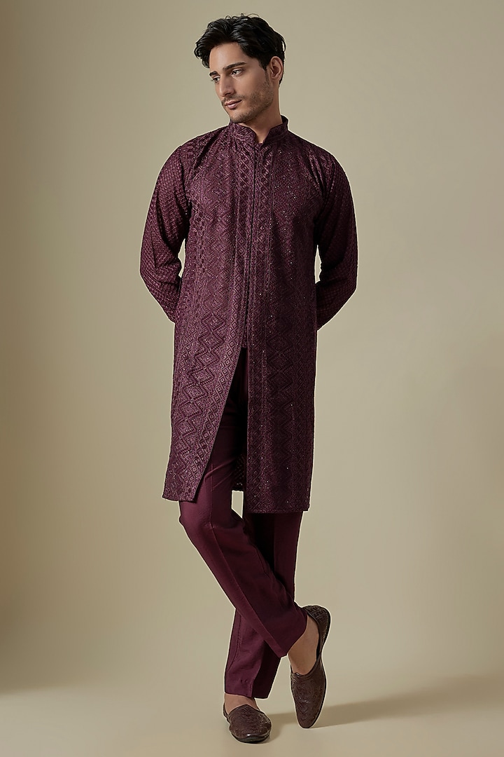 Wine Georgette Thread Embroidered Kurta Set by Rabani & Rakha Men at Pernia's Pop Up Shop