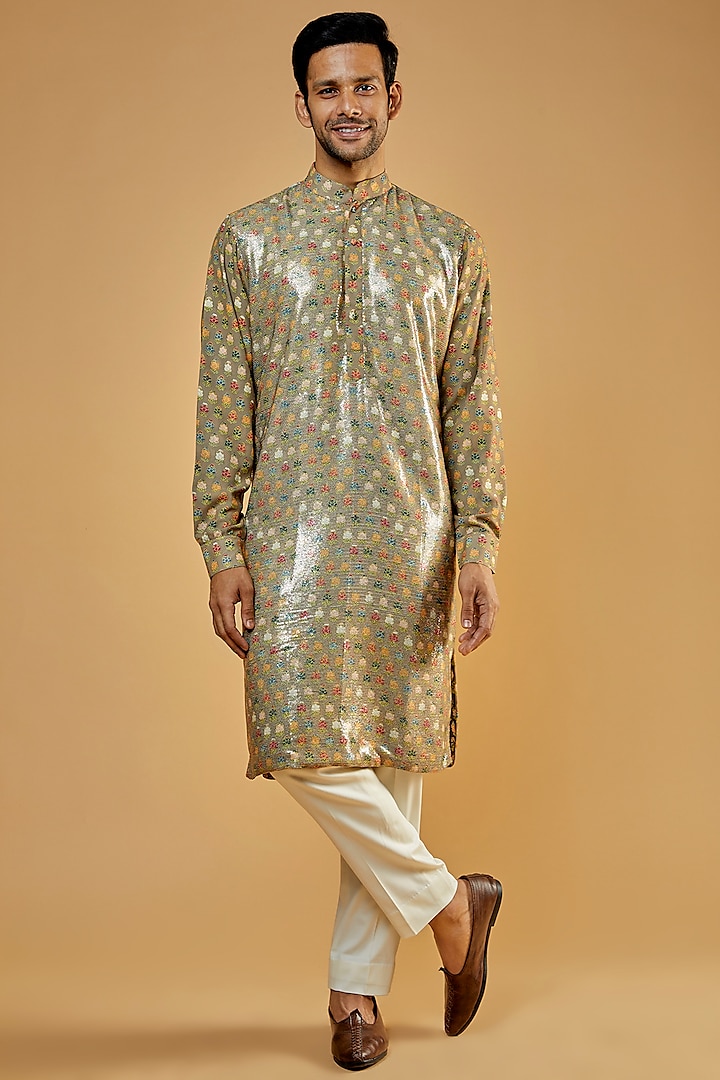 Gold Crepe Printed & Embroidered Kurta by Rabani & Rakha Men at Pernia's Pop Up Shop