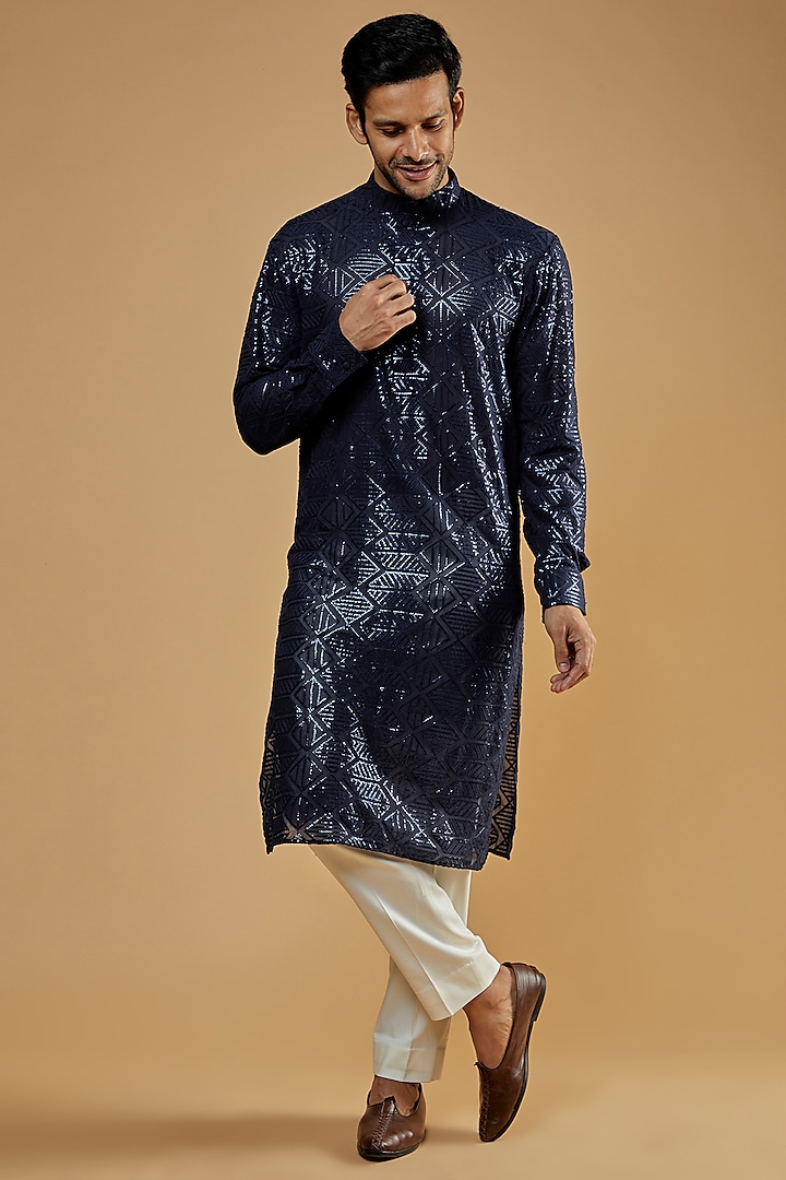 Blue Georgette Embroidered Kurta by Rabani & Rakha Men at Pernia's Pop Up Shop