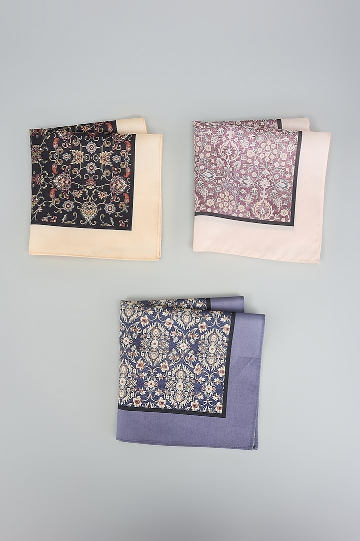 Multi-colored Assam Silk Pocket Square Gift Box (Set of 3) by Rabani & Rakha Men