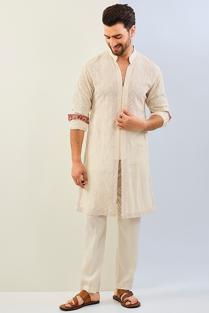 Ivory Georgette Thread Embroidered Kurta Set by Rabani & Rakha Men