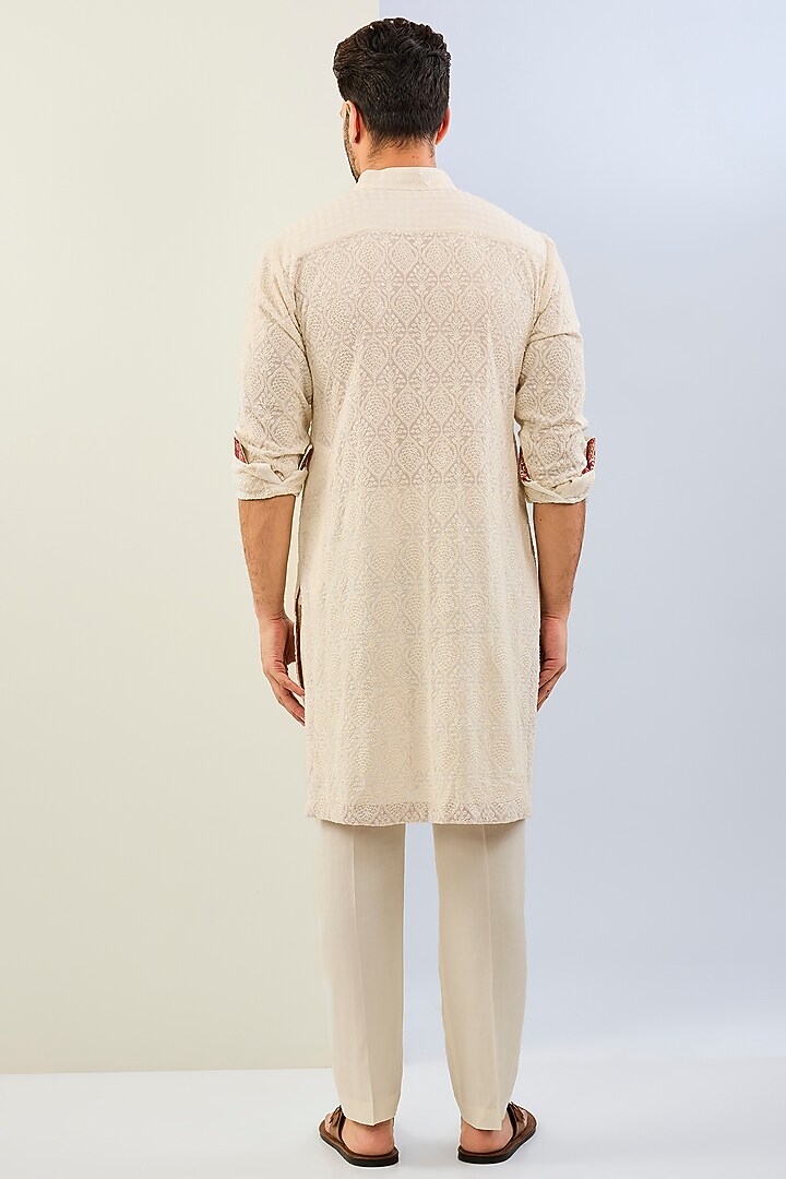 Ivory Georgette Thread Embroidered Kurta Set by Rabani & Rakha Men at Pernia's Pop Up Shop