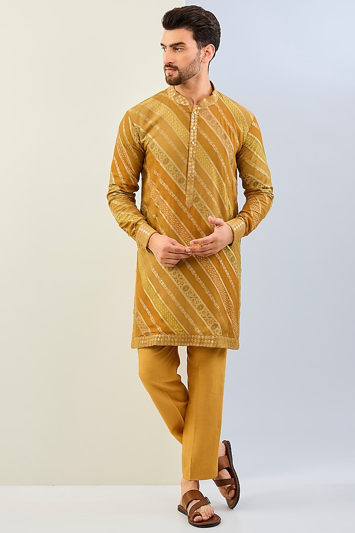 Haldi Yellow Georgette Bandhani Leheriya Kurta Set by Rabani & Rakha Men