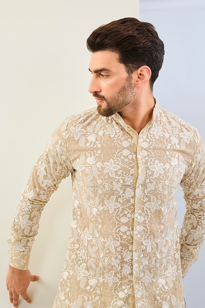Nude Georgette Thread Embroidered Co-Ord Set by Rabani & Rakha Men at Pernia's Pop Up Shop