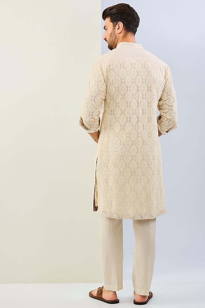 Ivory Georgette Thread Embroidered & Printed Kurta Set by Rabani & Rakha Men at Pernia's Pop Up Shop