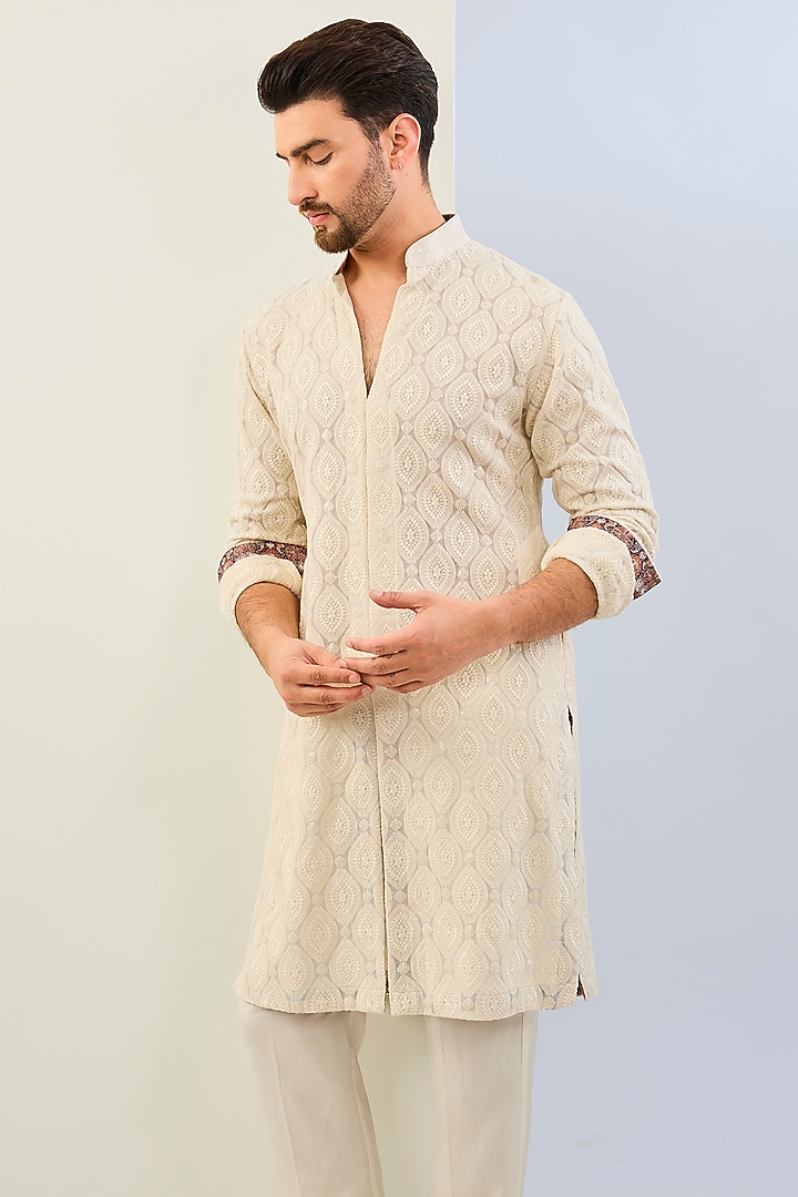 Ivory Georgette Thread Embroidered & Printed Kurta Set by Rabani & Rakha Men at Pernia's Pop Up Shop
