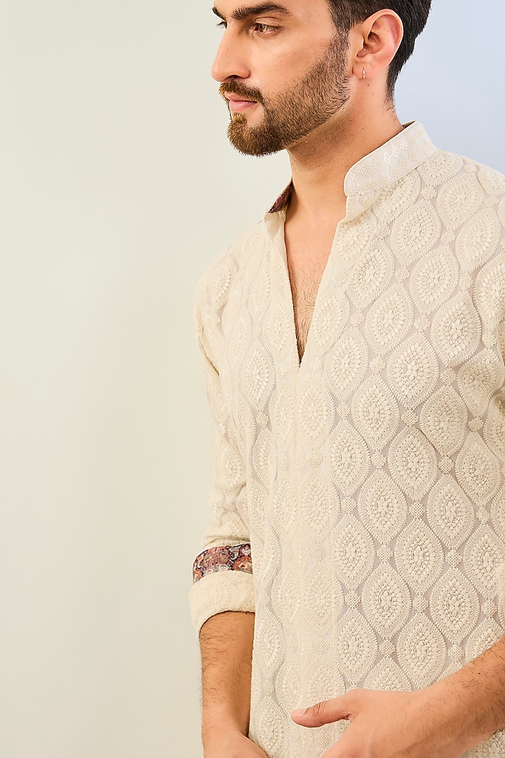 Ivory Georgette Thread Embroidered & Printed Kurta Set by Rabani & Rakha Men at Pernia's Pop Up Shop