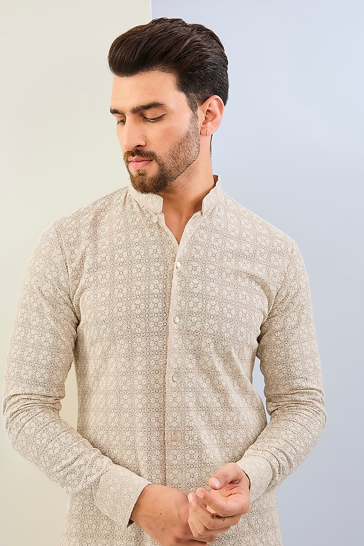 Cream Georgette Thread Embroidered Co-Ord Set by Rabani & Rakha Men at Pernia's Pop Up Shop