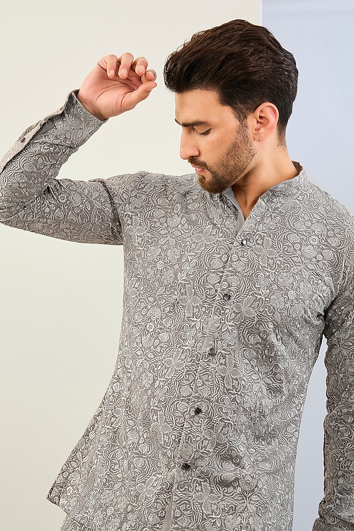 Grey Georgette Thread Embroidered Co-Ord Set by Rabani & Rakha Men at Pernia's Pop Up Shop