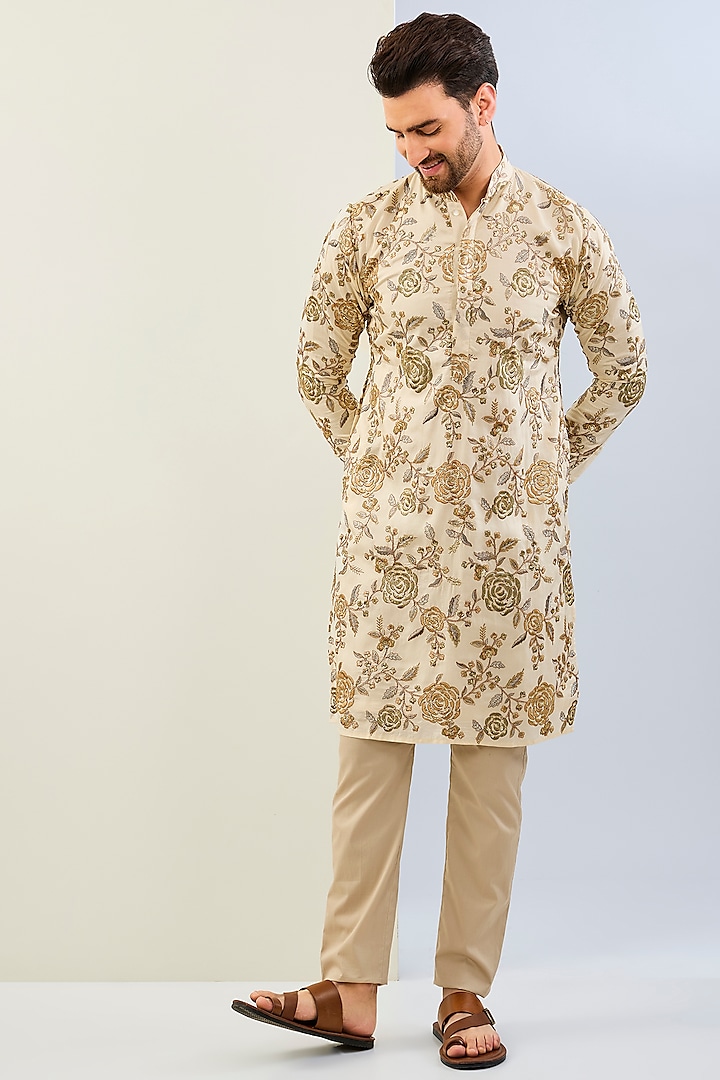 Cream Dupion Silk Thread Embroidered Kurta Set by Rabani & Rakha Men