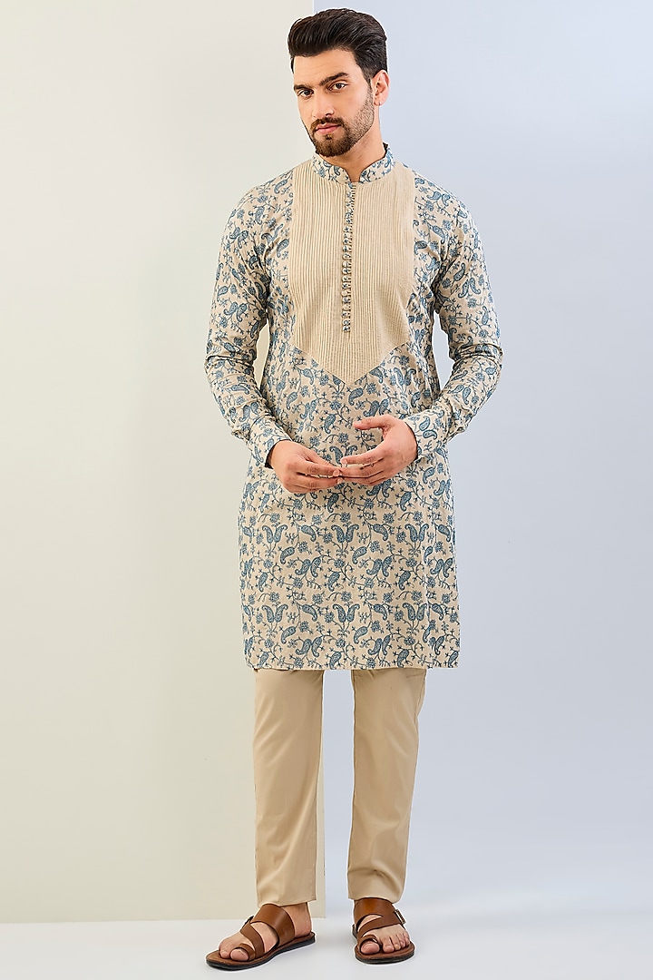 Beige & Blue Moonga Silk Threadwork Kurta Set by Rabani & Rakha Men at Pernia's Pop Up Shop