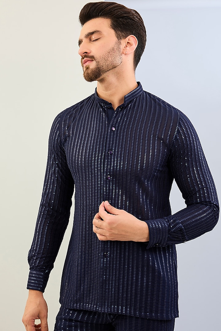 Blue Georgette Sequins Embroidered Co-Ord Set by Rabani & Rakha Men at Pernia's Pop Up Shop