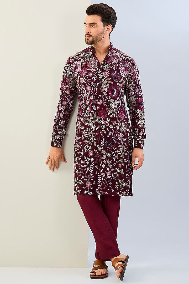 Oxblood-Colored Georgette Sequins Embroidered Kurta Set by Rabani & Rakha Men at Pernia's Pop Up Shop