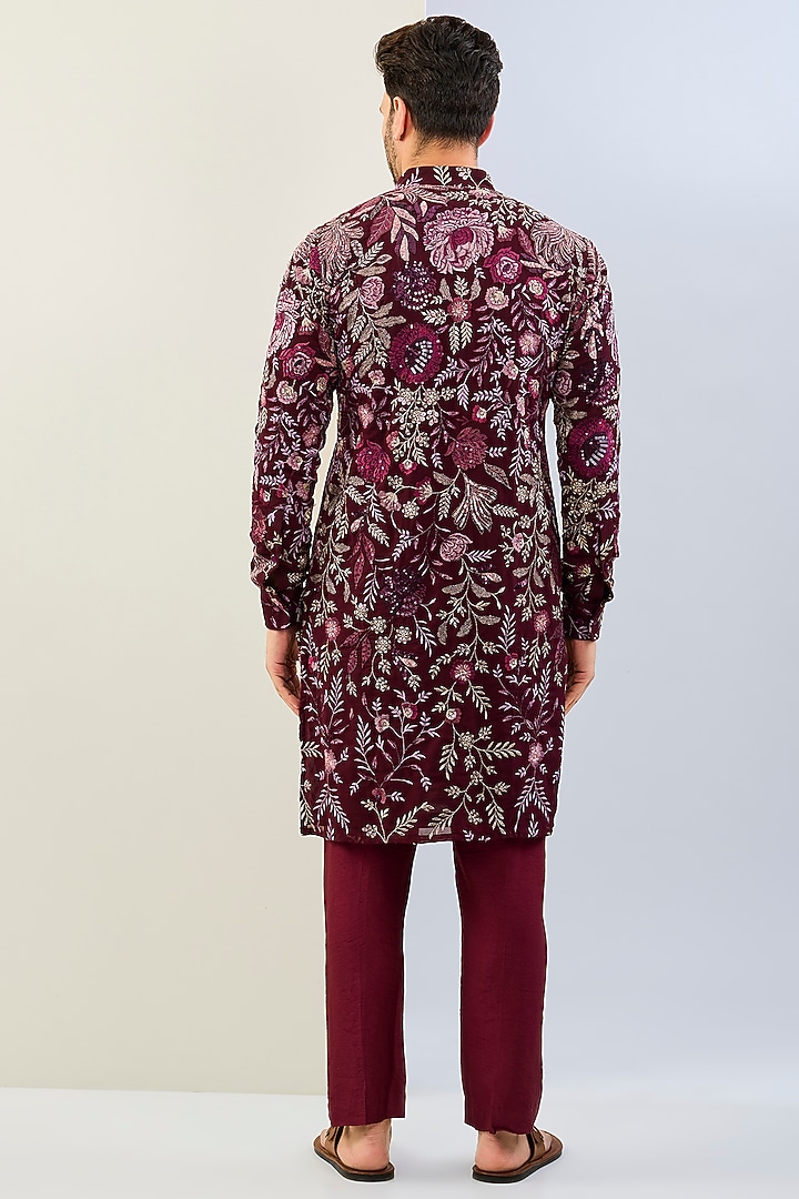 Oxblood-Colored Georgette Sequins Embroidered Kurta Set by Rabani & Rakha Men at Pernia's Pop Up Shop