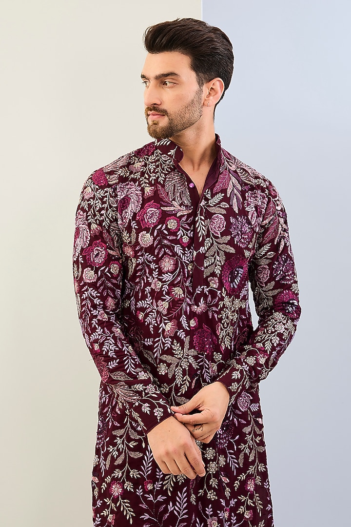 Oxblood-Colored Georgette Sequins Embroidered Kurta Set by Rabani & Rakha Men at Pernia's Pop Up Shop