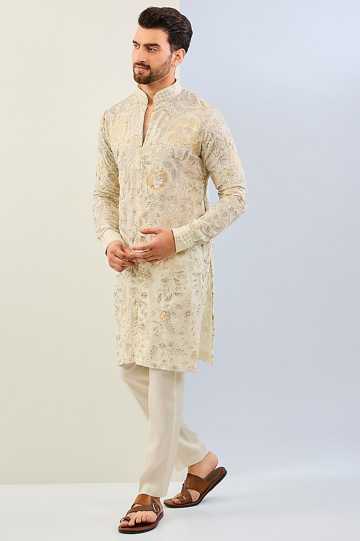 Off-White Georgette Thread Embroidered Kurta Set by Rabani & Rakha Men