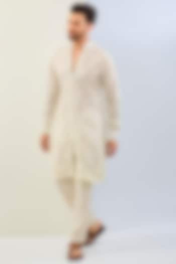 White Net Thread Embroidered Kurta Set by Rabani & Rakha Men