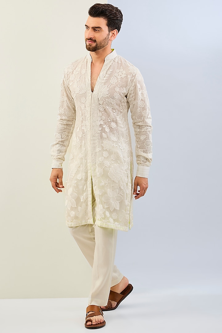 White Net Thread Embroidered Kurta Set by Rabani & Rakha Men