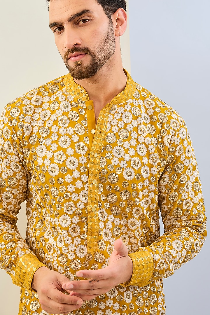 Haldi Yellow Georgette Sequins Work Kurta Set by Rabani & Rakha Men at Pernia's Pop Up Shop