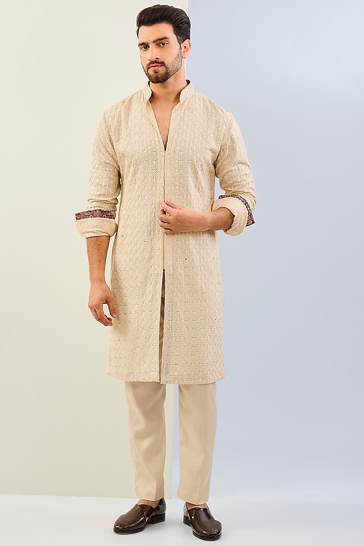 Cream Georgette Printed & Thread Embroidered Kurta Set by Rabani & Rakha Men