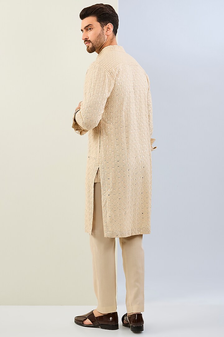 Cream Georgette Printed & Thread Embroidered Kurta Set by Rabani & Rakha Men at Pernia's Pop Up Shop