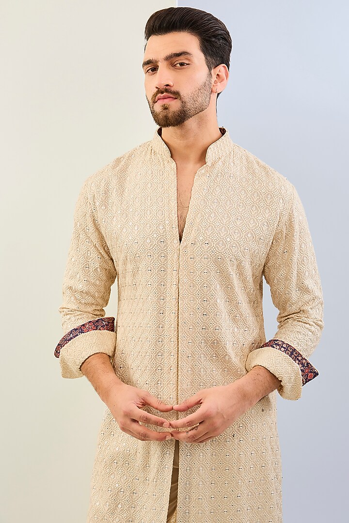 Cream Georgette Printed & Thread Embroidered Kurta Set by Rabani & Rakha Men at Pernia's Pop Up Shop