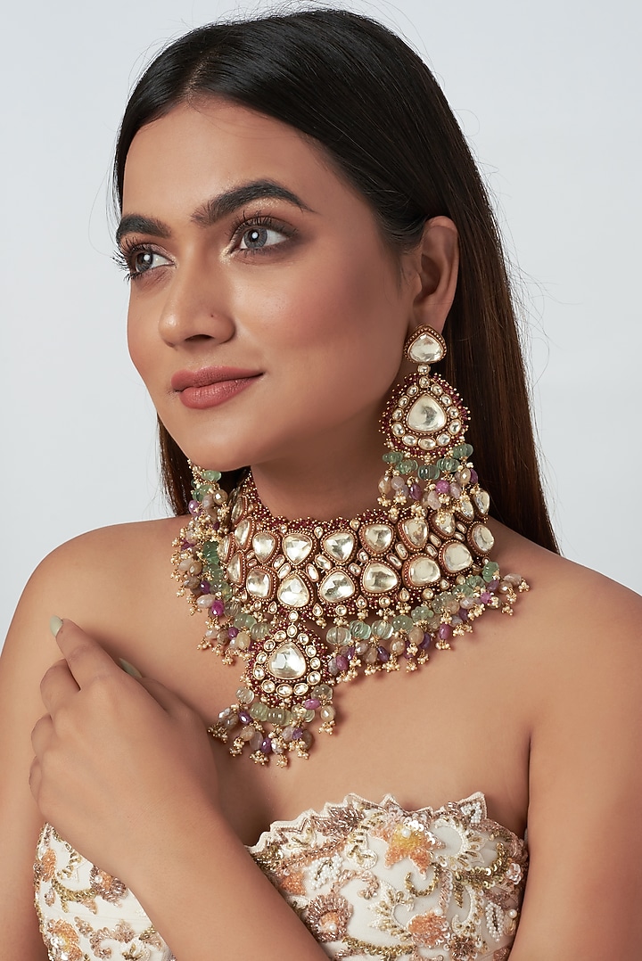 Gold Finish Kundan Polki Necklace Set by Raabta By Rahul at Pernia's Pop Up Shop