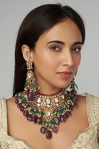 Gold Finish Kundan Polki Necklace Set by Raabta By Rahul