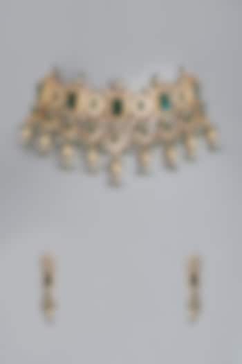 Gold Finish Emerald Choker Necklace Set by Raabta By Rahul