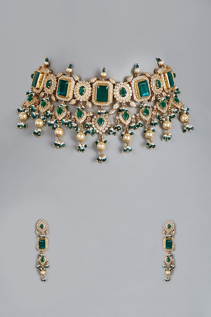 Gold Finish Emerald Choker Necklace Set by Raabta By Rahul