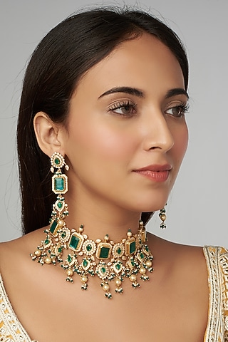 Gold Finish Emerald Choker Necklace Set by Raabta By Rahul
